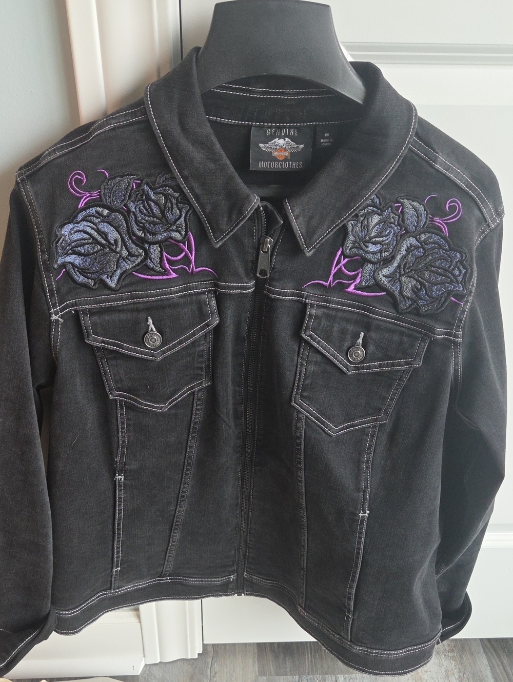 Harley-Davidson Black Jean Jacket with Purple Rose Embroidery
